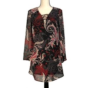 Bohemian Paisley Sheer Tunic with Lace-Up Neckline